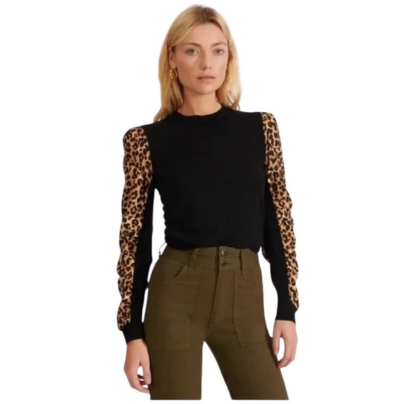 Veronica Beard Adler Mixed Media Animal Print Leopard Wool Black Sweater Size L - Picture 1 of 8